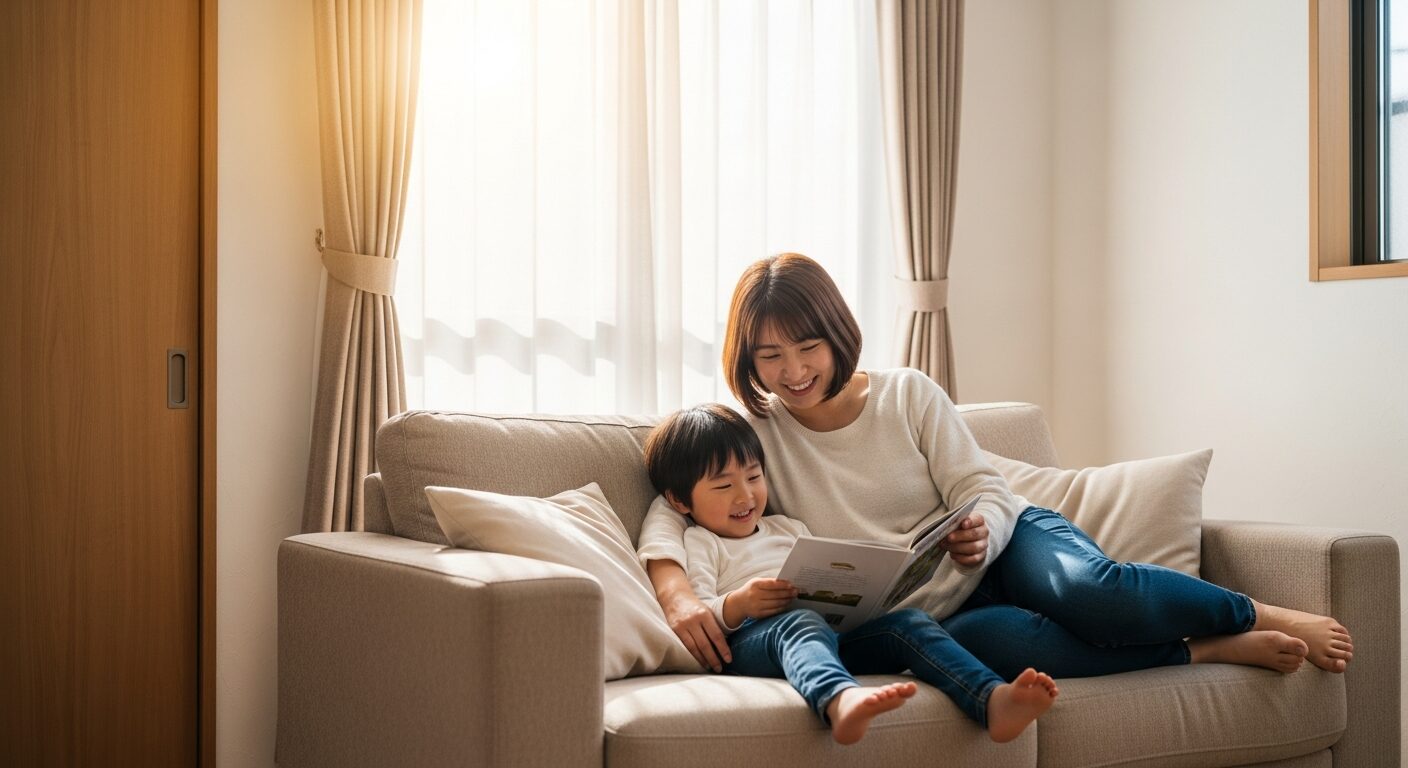 日当たりの良い明るいリビングのソファで、リラックスして笑顔で過ごす日本人の親子