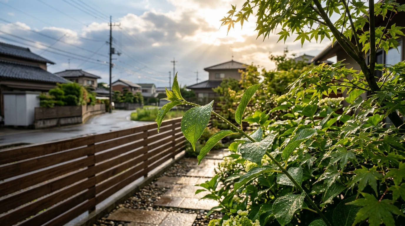 雨上がりの澄んだ朝の光に照らされてきらめく雨露と青空が広がる住宅街の外構