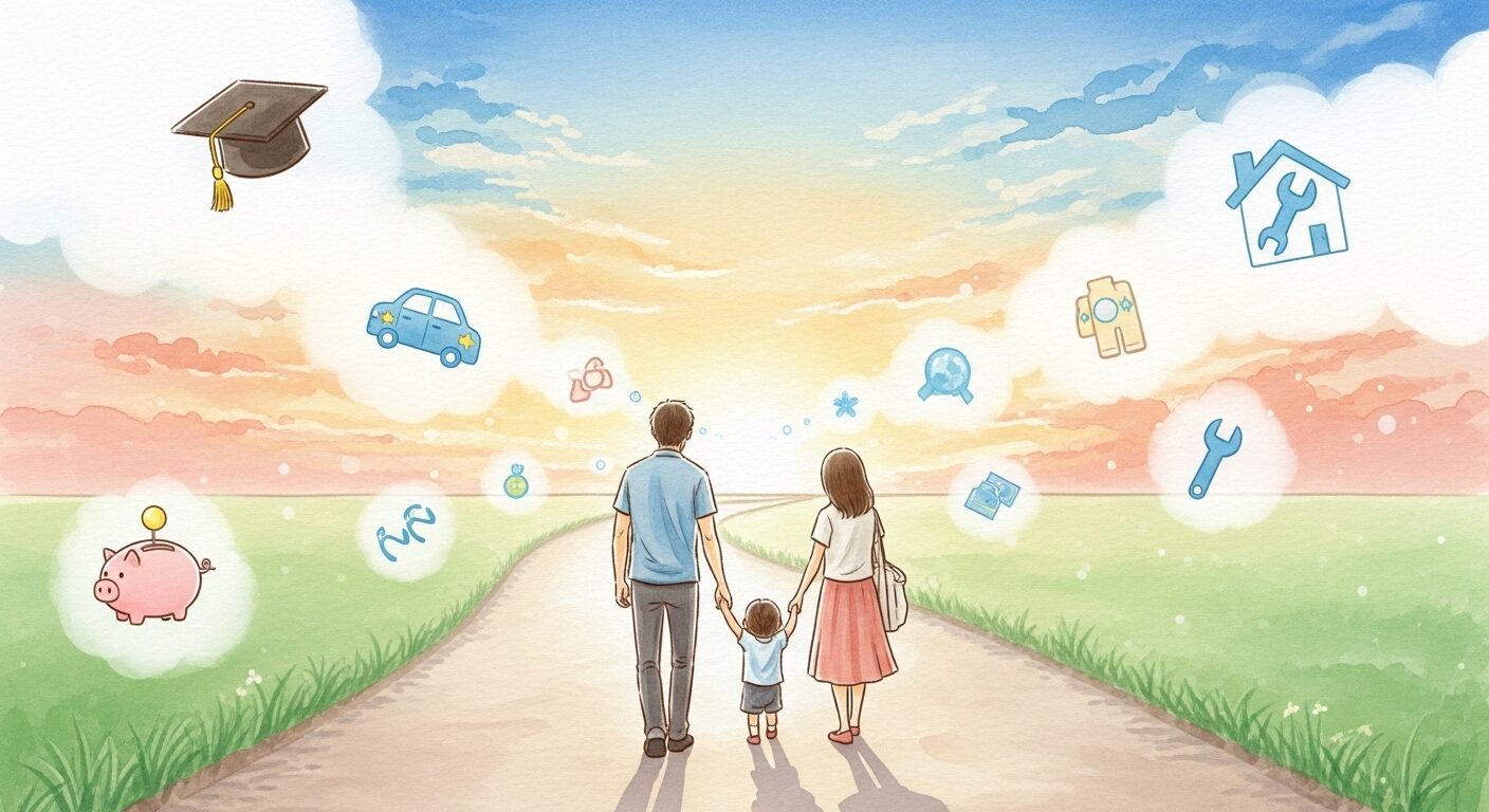 未来へと続く道を歩く家族の後ろ姿のイラスト。道には教育や老後資金など将来のライフプランを示すアイコンが浮かんでいる。