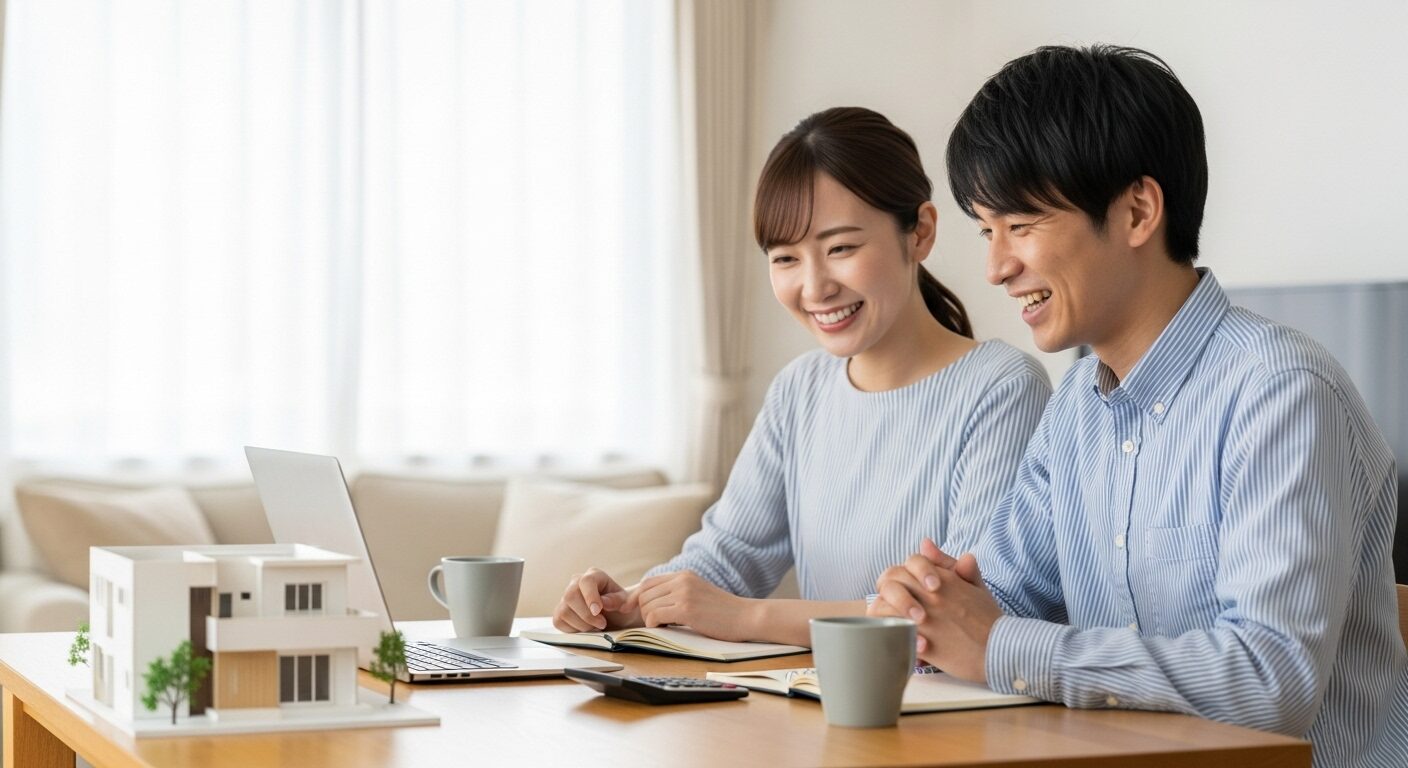 家の模型とパソコンを前に、笑顔でマイホームの予算計画を立てる若い夫婦