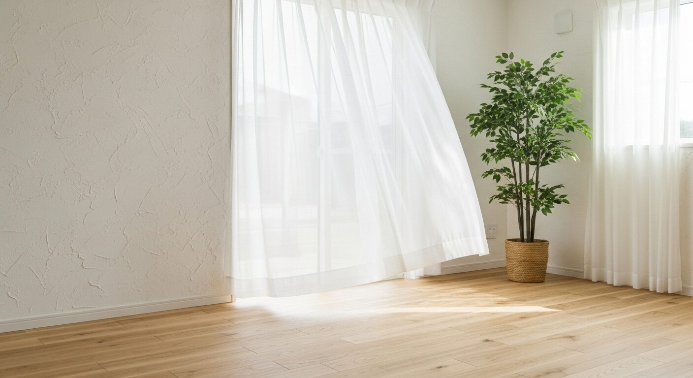 無垢材の床と漆喰の壁を使い、自然の力で湿度を快適にコントロールしている爽やかなリビング空間