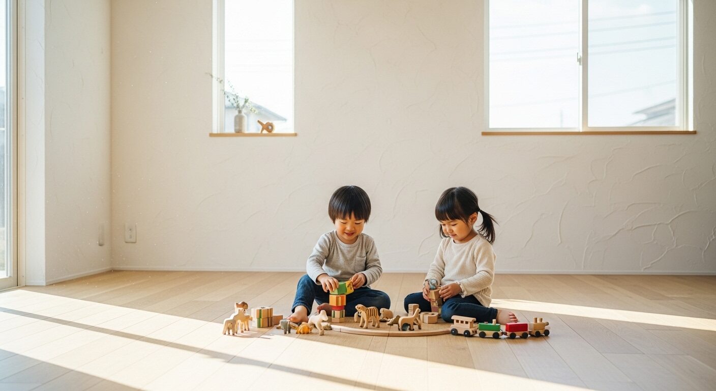 漆喰の壁の部屋で小さな子供が安心して遊んでいる