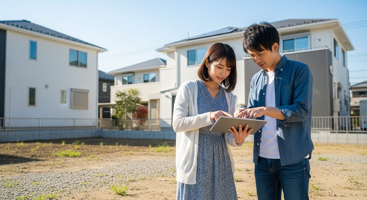 新しい分譲地で、タブレットの設計図を見ながら周辺環境を確認している若い日本人夫婦