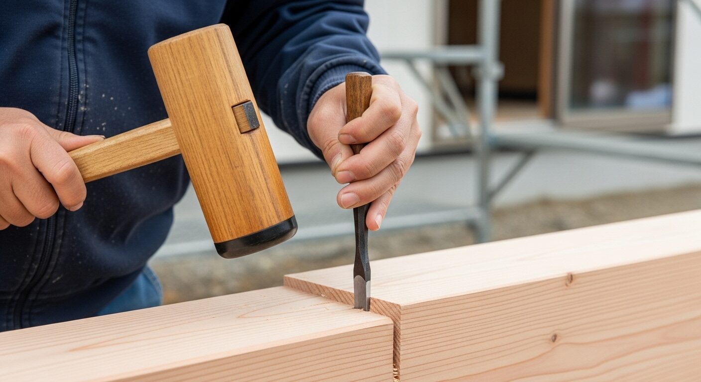 日本の大工が、檜の梁に鑿（のみ）を使って精密なほぞ穴を加工している手元のクローズアップ。