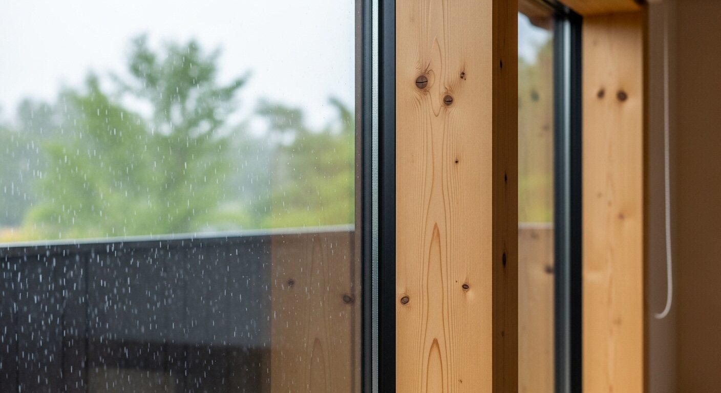 雨の日の窓辺。国産の檜を使った窓枠が、快適な室内環境を思わせる。