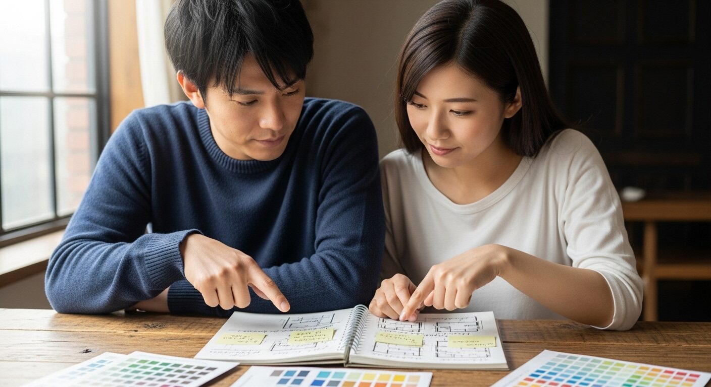 家づくりの失敗事例について、ノートを広げて真剣な表情で話し合い、解決策を考える若い夫婦