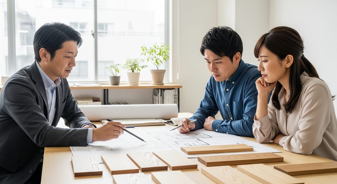 建築家と施主が、国産材のサンプルを見ながら真剣に家の打ち合わせをしている。