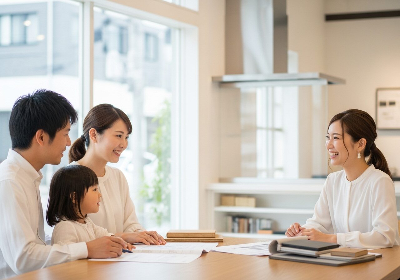 建築事務所で、女性建築家と楽しそうに打ち合わせをする若い夫婦と子ども