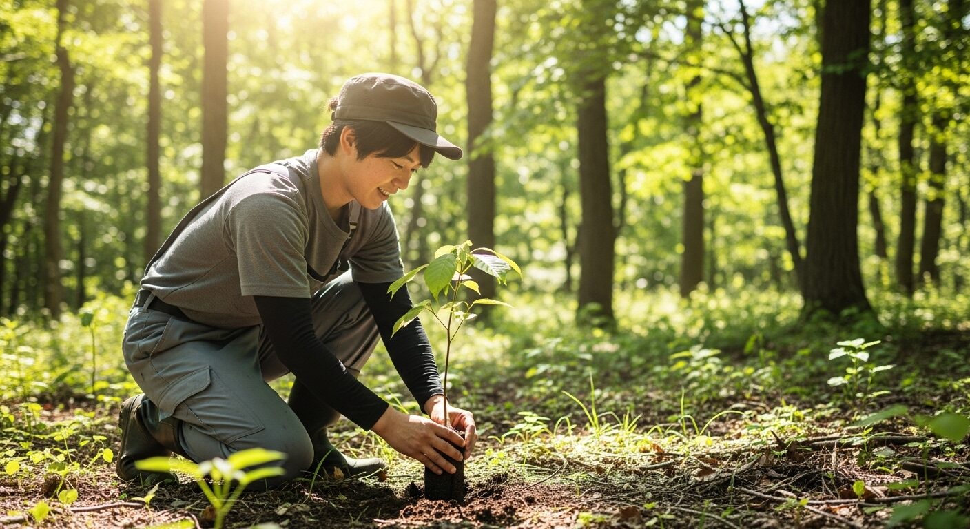 若い林業従事者が、日本の森に苗木を植えている様子。森林の循環を象徴する一枚。