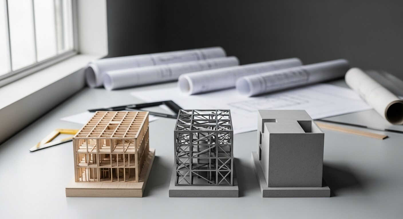 木造、鉄骨、RC構造の建築模型が並ぶデスク