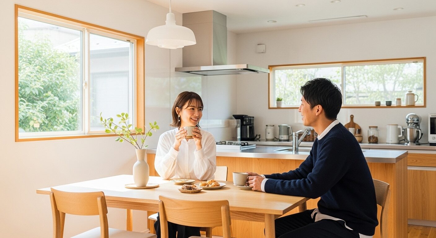 ヒノキの床が心地よいダイニングで談笑する若い夫婦