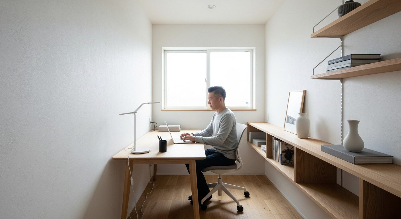 現代的な注文住宅に設けられたコンパクトな書斎で、窓からの光を浴びながら集中してパソコン作業をする在宅ワーク中の男性。