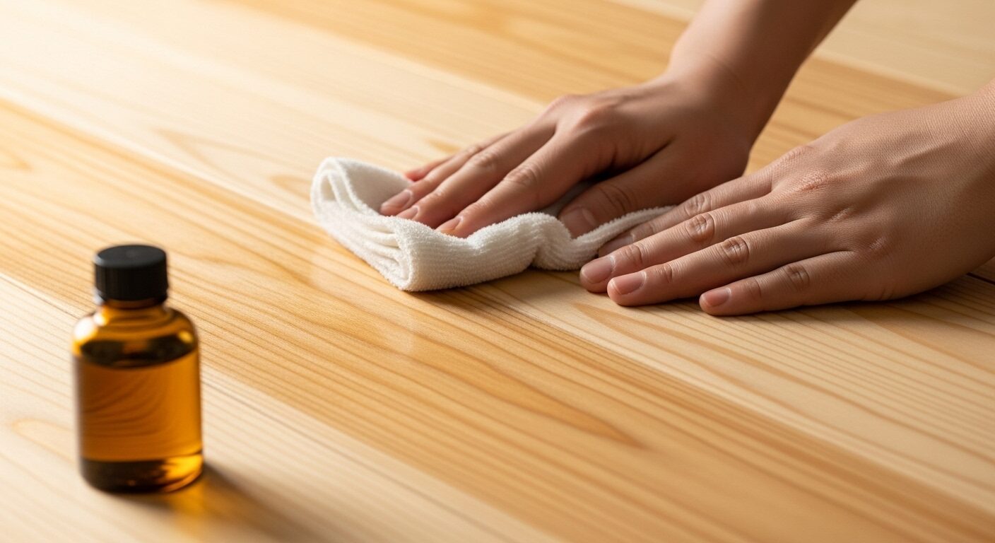 乾いた布を使い、ヒノキの床にオイルを塗り込んで手入れする様子