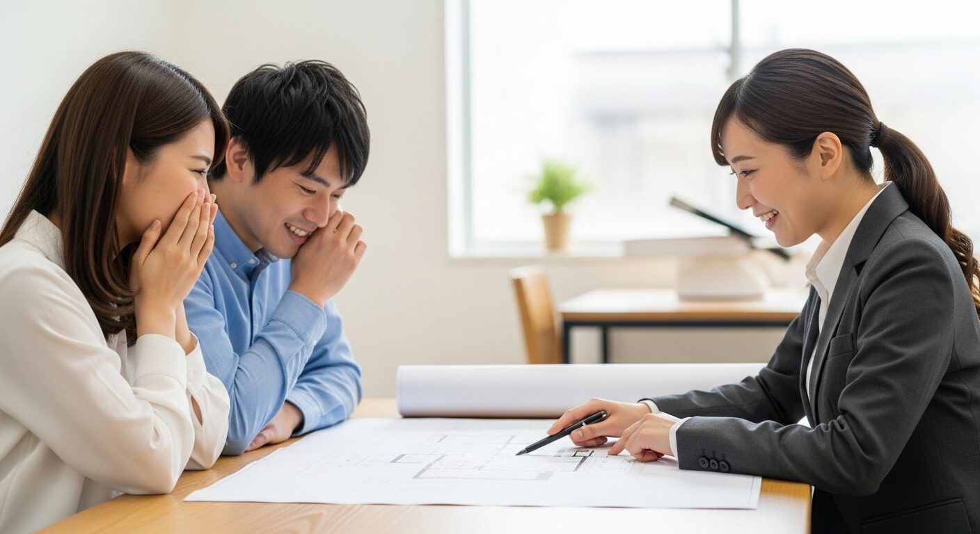建築家と笑顔で打ち合わせをする若い日本人夫婦