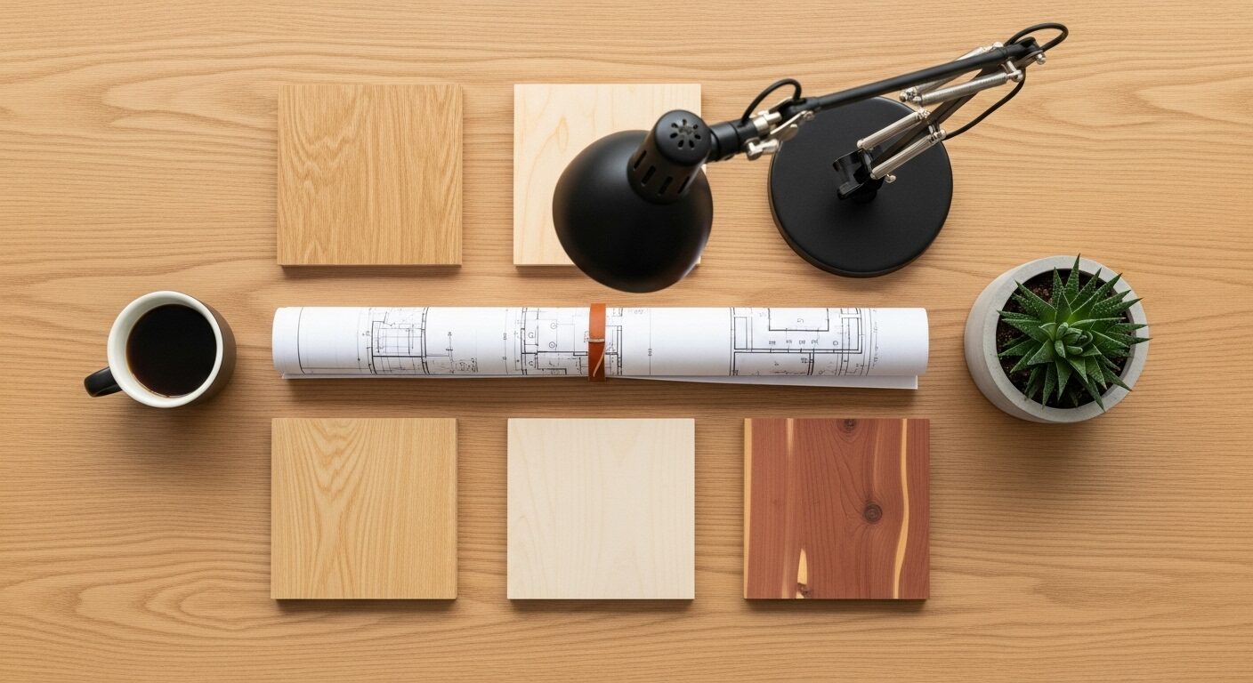 建築家の机に置かれた、オークやメープルなど数種類の無垢材サンプルと設計図。家づくりで床材を選ぶ楽しいイメージ