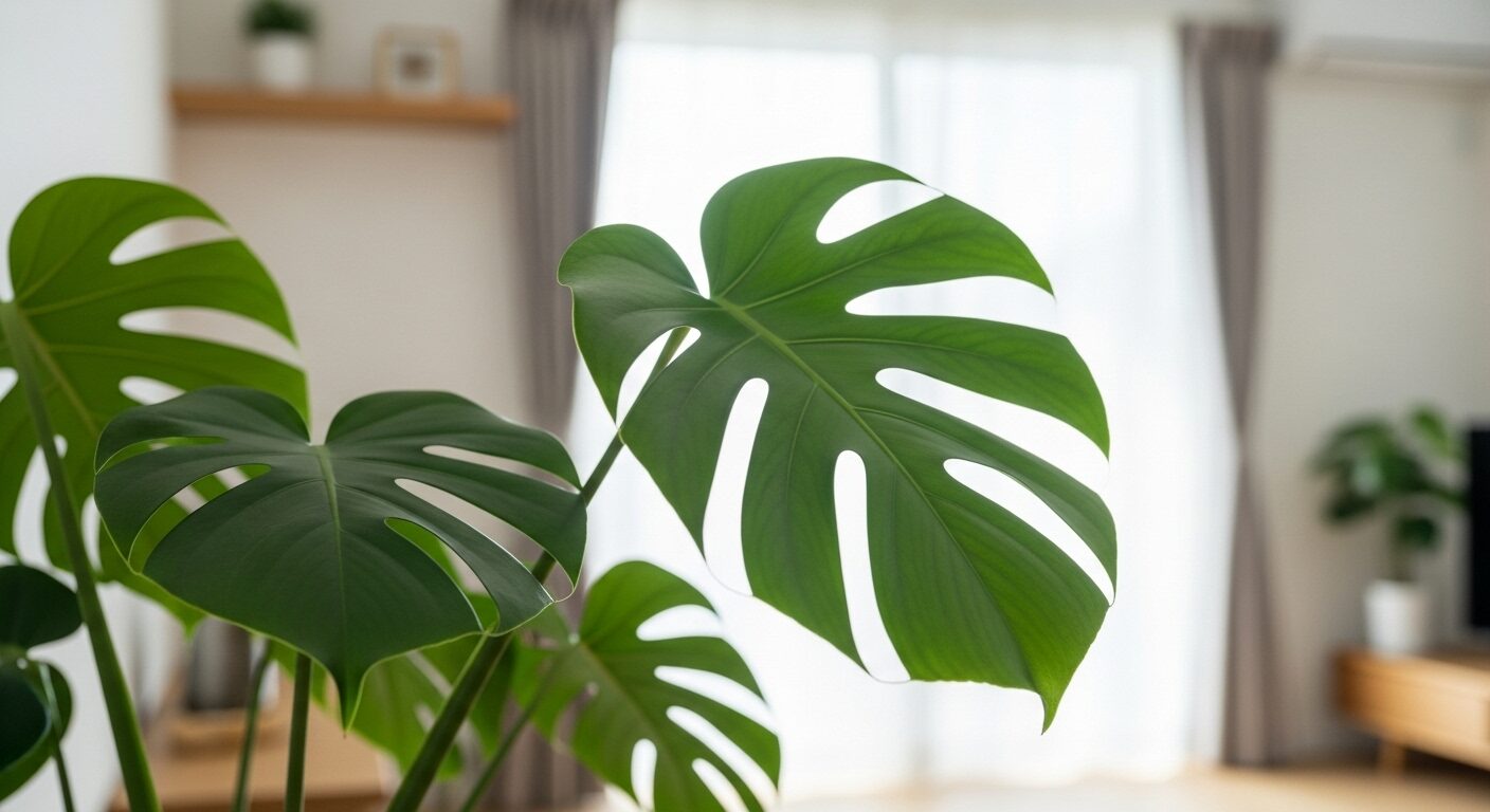 適切な湿気対策が施された快適なリビングと、窓辺の観葉植物。健康的でクリーンな室内環境を象徴しています。