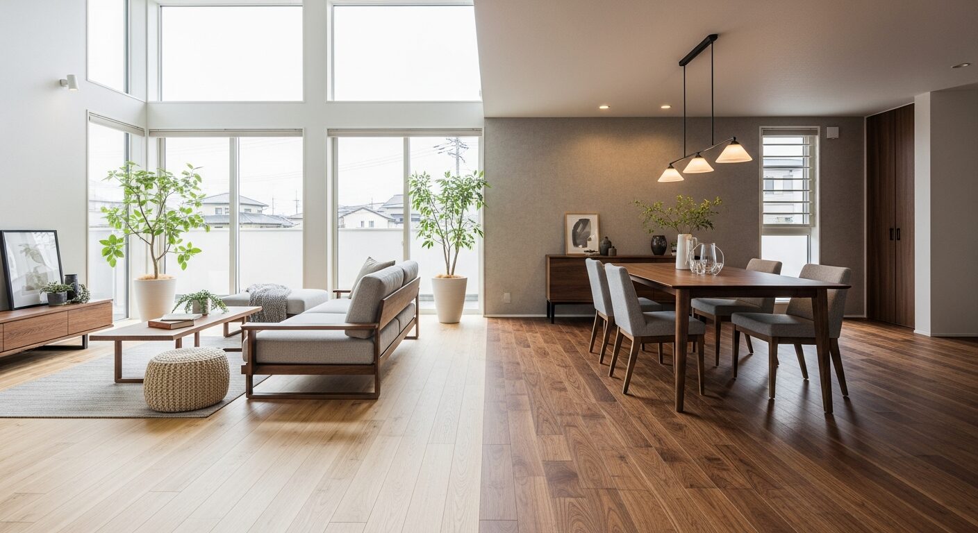 国産材の明るいリビングと輸入材を使ったモダンなダイニングが共存するおしゃれなLDK。木材選びでデザインの雰囲気が変わることを示す。