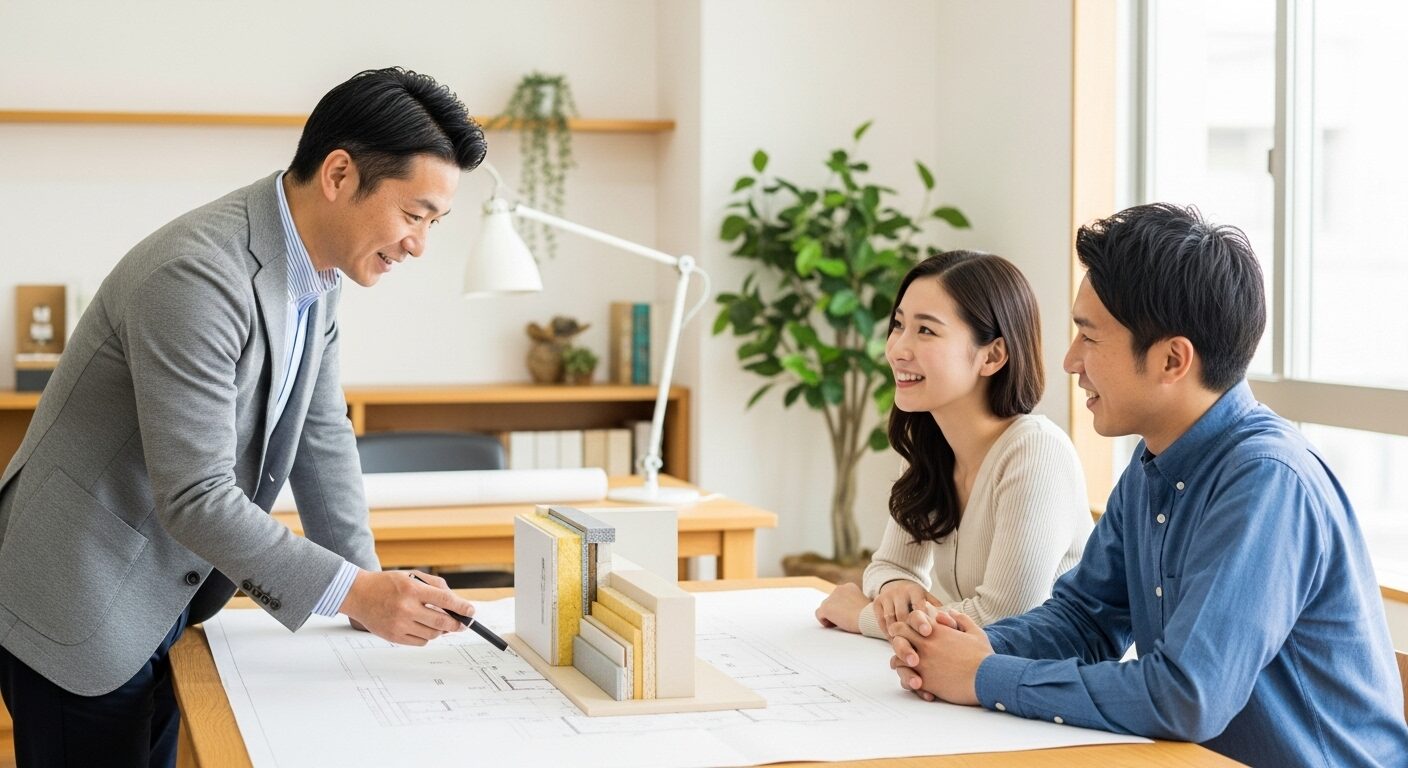 ランニングコストを抑えるため、設計図や断熱材のサンプルを見ながら工務店の担当者と打ち合わせをする夫婦