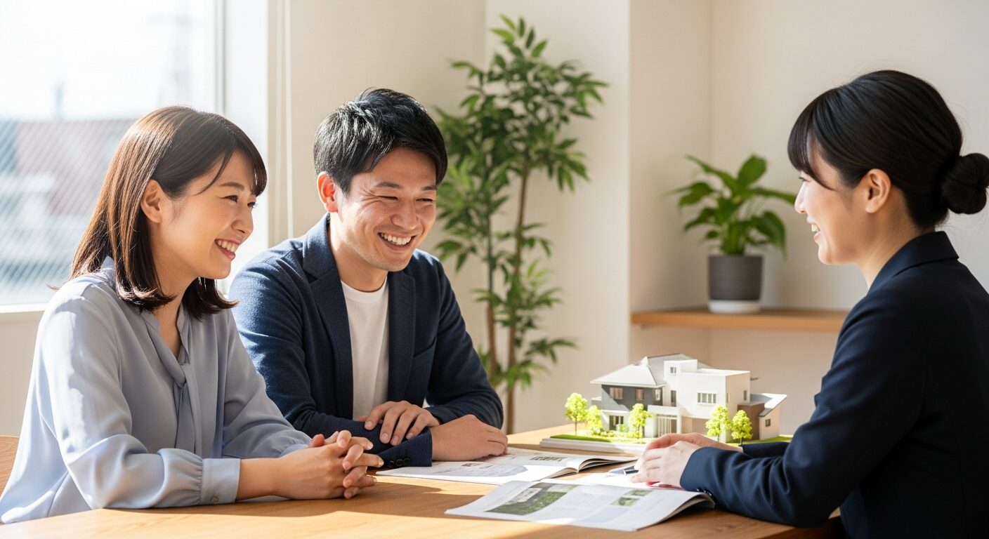 木造住宅の耐久性に関する疑問を解決。住宅会社の担当者と相談し、安心した表情を浮かべる夫婦。