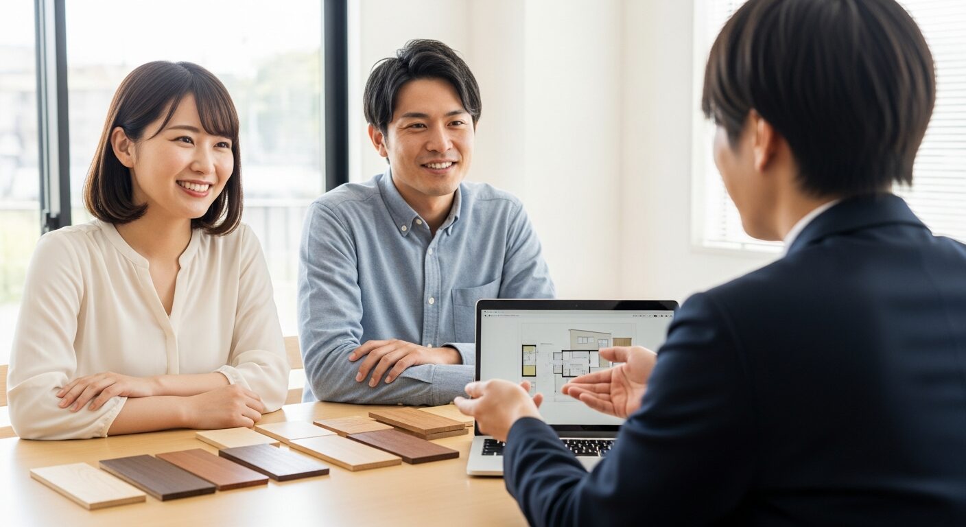 家づくりの疑問が解決し、工務店のスタッフと笑顔で打ち合わせをする若い夫婦。