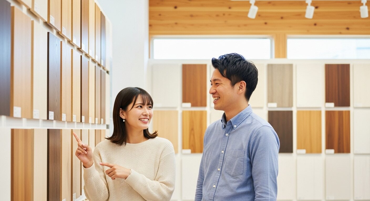 モデルハウスで楽しそうに内装の木材を選ぶ若い夫婦。家族のライフスタイルに合った檜と杉の選び方を考えている。