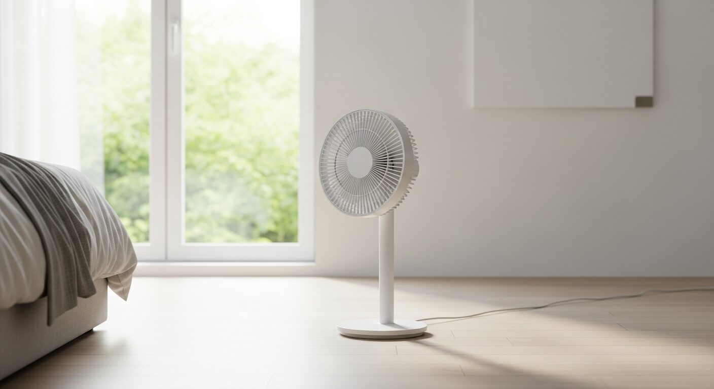 サーキュレーターを使って室内の空気を循環させている様子。今日から始められる簡単な湿気対策のアイデア。