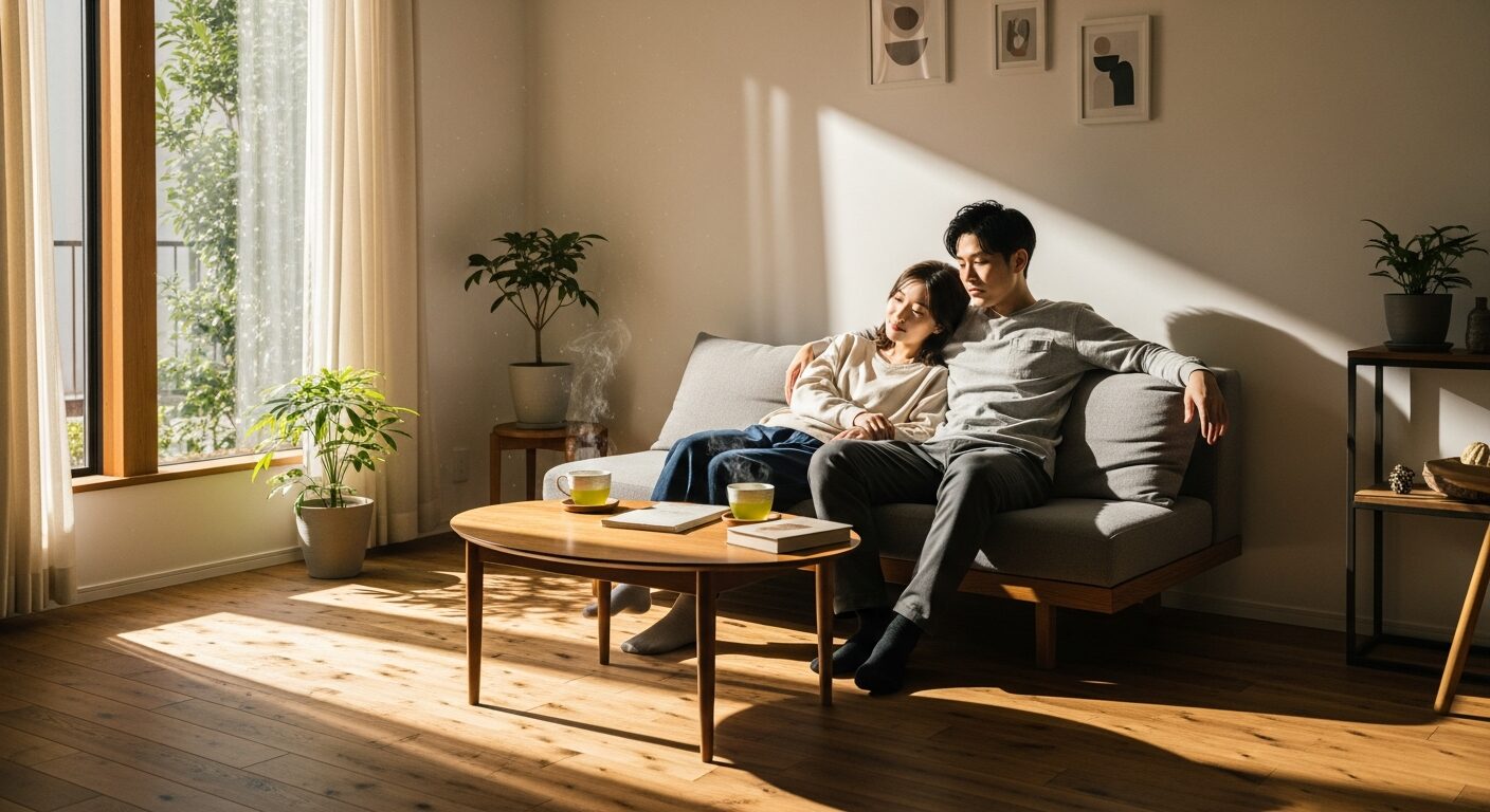 木造住宅の本当の寿命。法定耐用年数を超えても、明るいリビングで快適に暮らす若い夫婦。