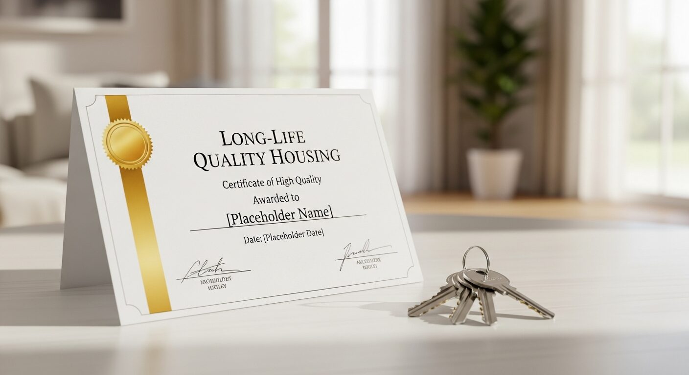 国土交通省のデータが示す木造住宅の性能。長期優良住宅の信頼性を象徴する認定証と家の鍵。