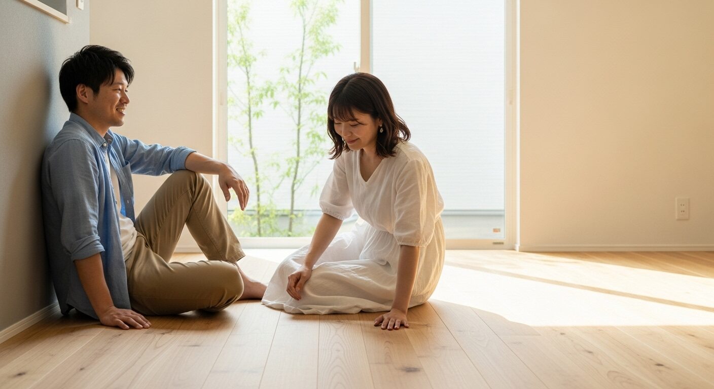 モデルハウスのリビングで、無垢材フローリングの心地よさを体感しながら楽しそうに話す若い夫婦。後悔しない家づくりのための選び方を実践している様子