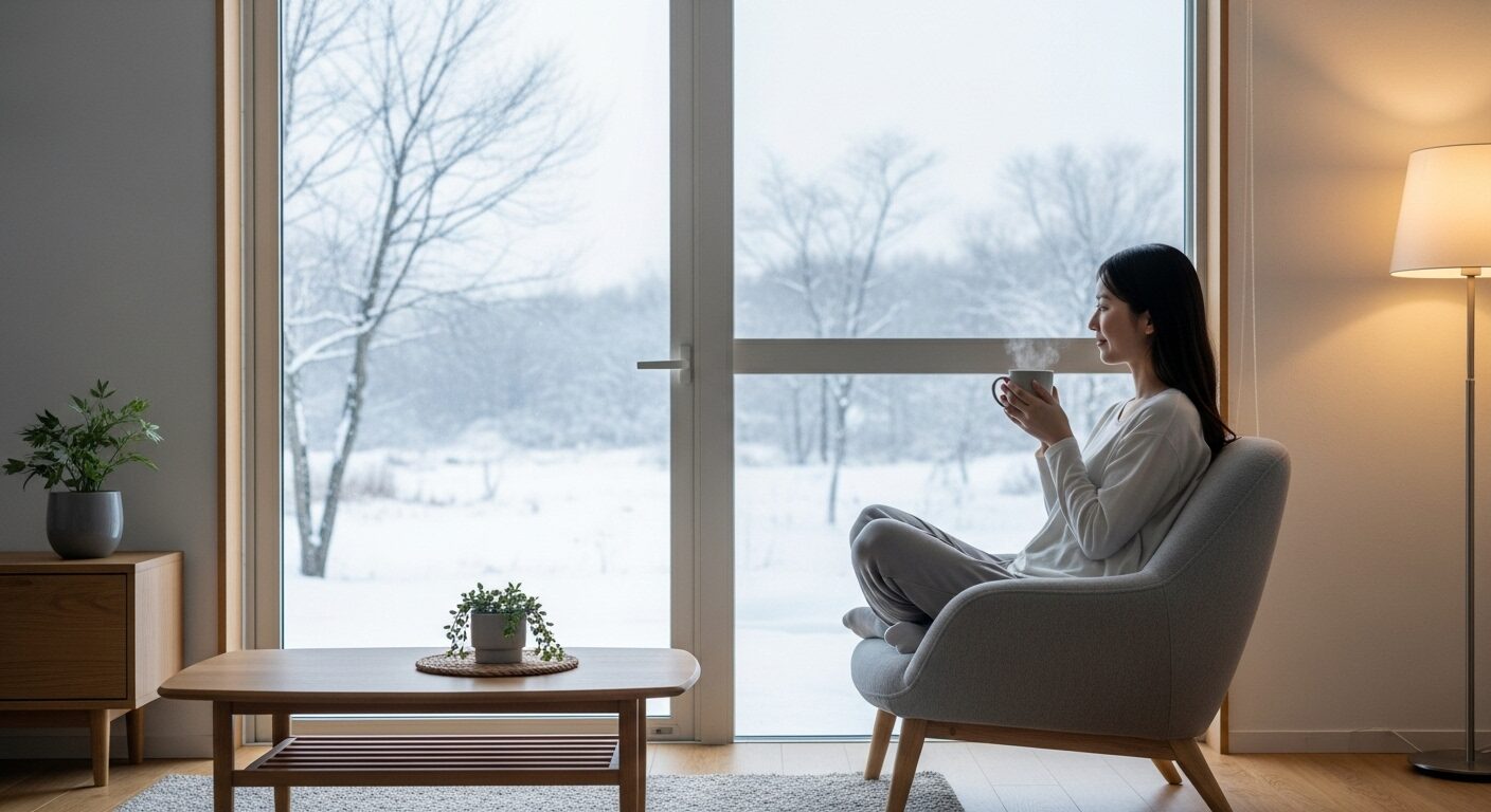 高性能な断熱窓のおかげで、冬でも結露がなく暖かいリビング。薄着の日本人女性が窓辺でくつろぎ、省エネ性能の高さを実感している
