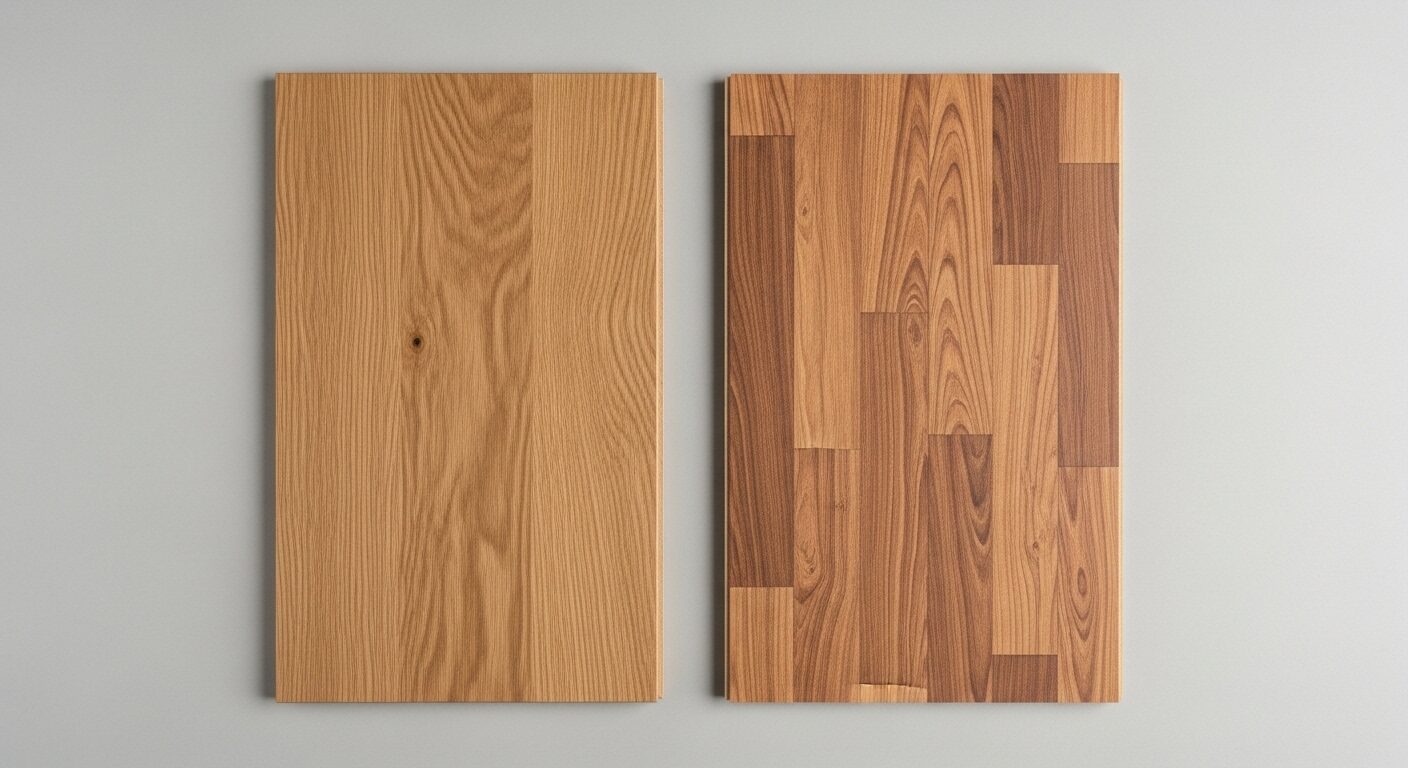 オーク無垢材の板と合板フローリングを並べて比較した画像。自然で深みのある無垢材の木目と、均一な合板の木目の違いがわかる