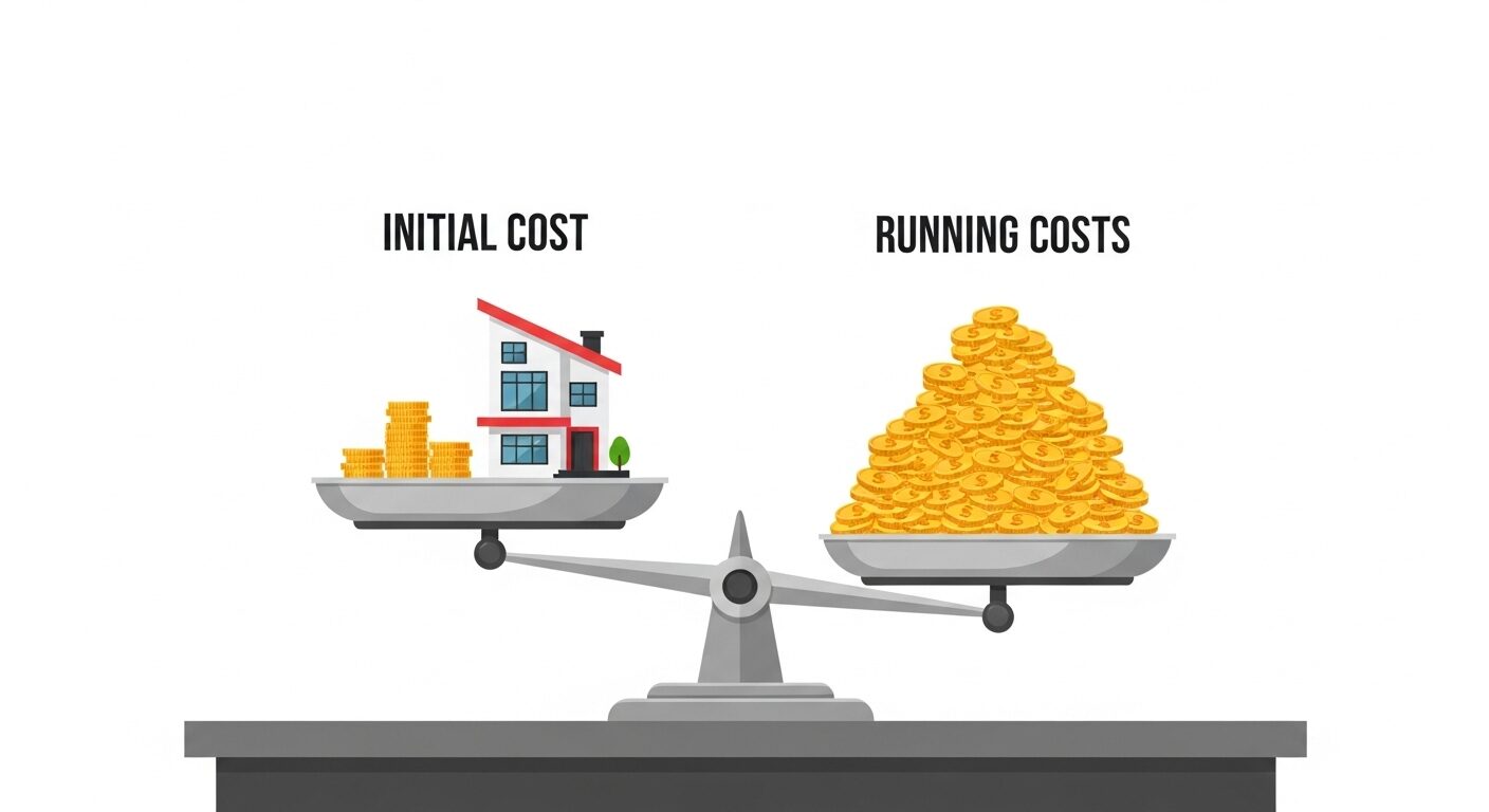 住宅の初期費用とランニングコストを比較する台座付き天秤のイラスト。「ランニングコスト」の皿が重く傾き、総額で考えることの重要性を示している