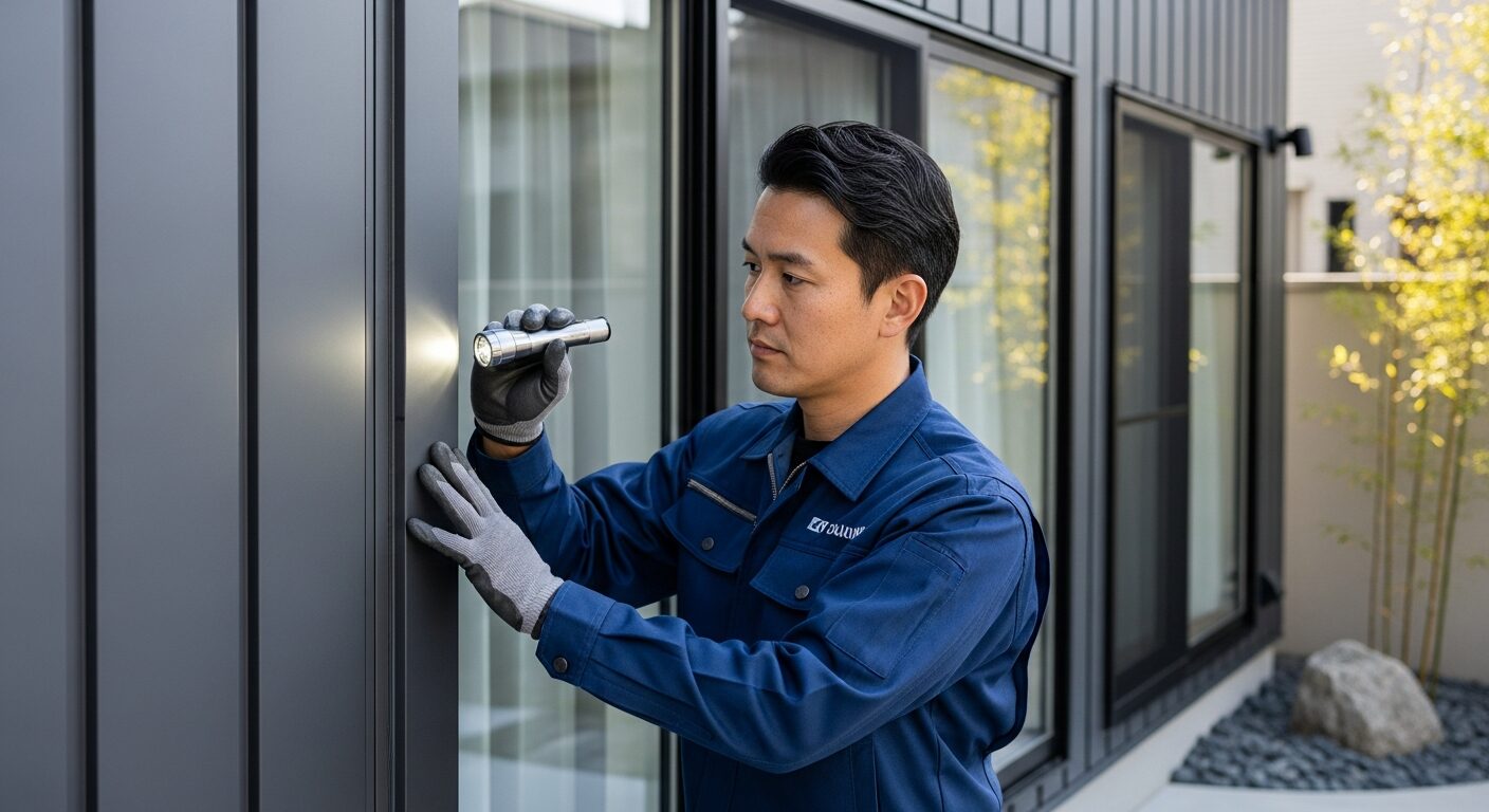 木造住宅の寿命を延ばす外壁メンテナンス。専門家が金属サイディングの外壁を丁寧に点検している様子。