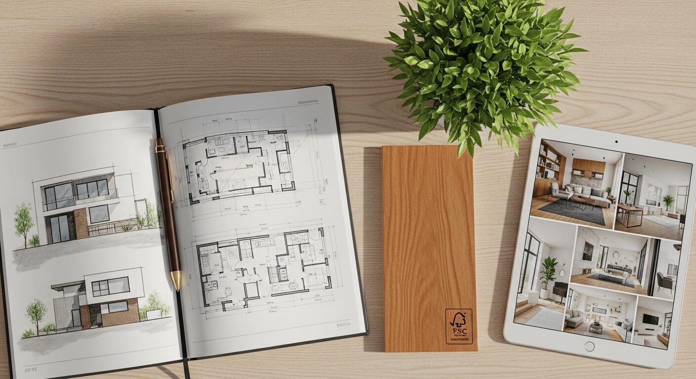 環境配慮（サステナビリティ）を考えた家づくりのイメージ。FSC認証の木材サンプルと設計図がデスクに置かれている。