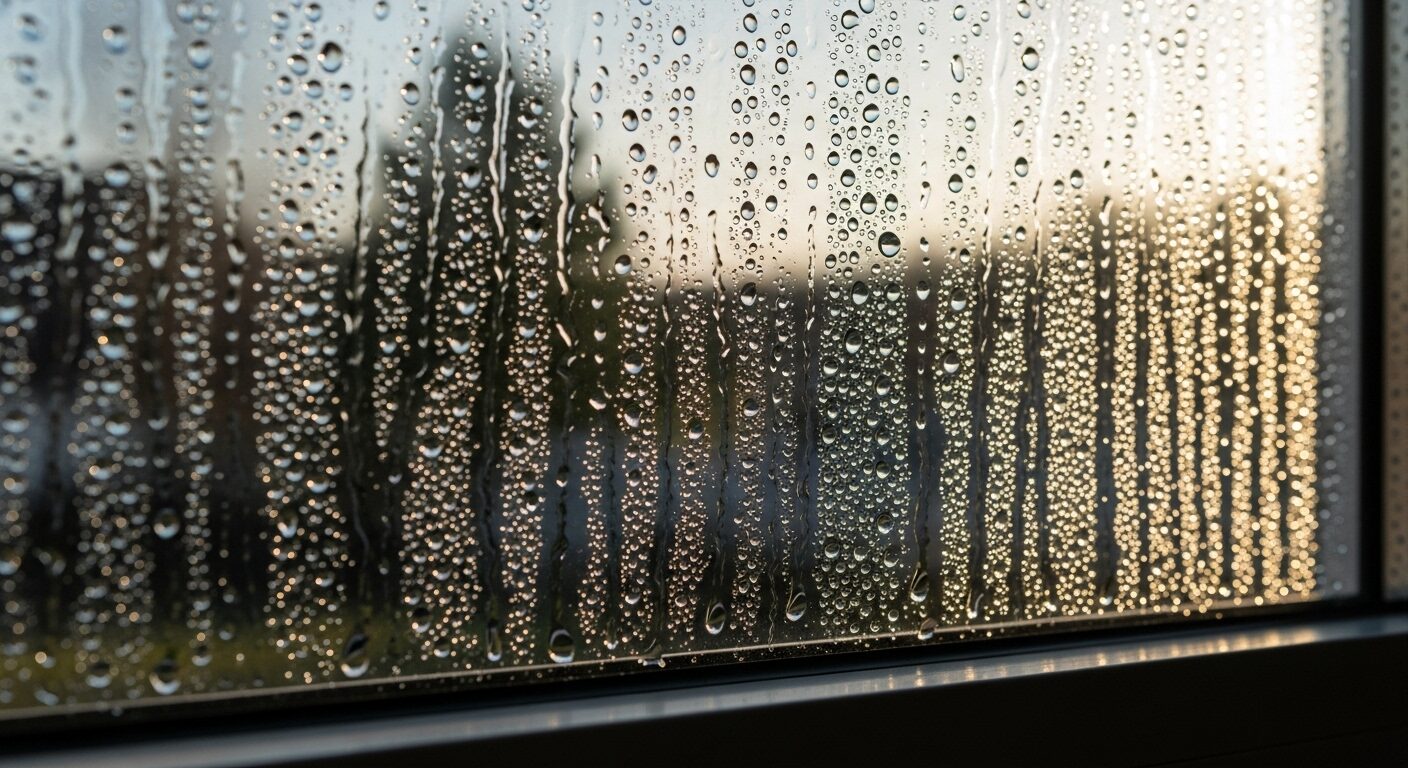 朝日を浴びて輝く窓の結露。木造住宅における適切な湿度管理と湿気対策の重要性を示唆しています。