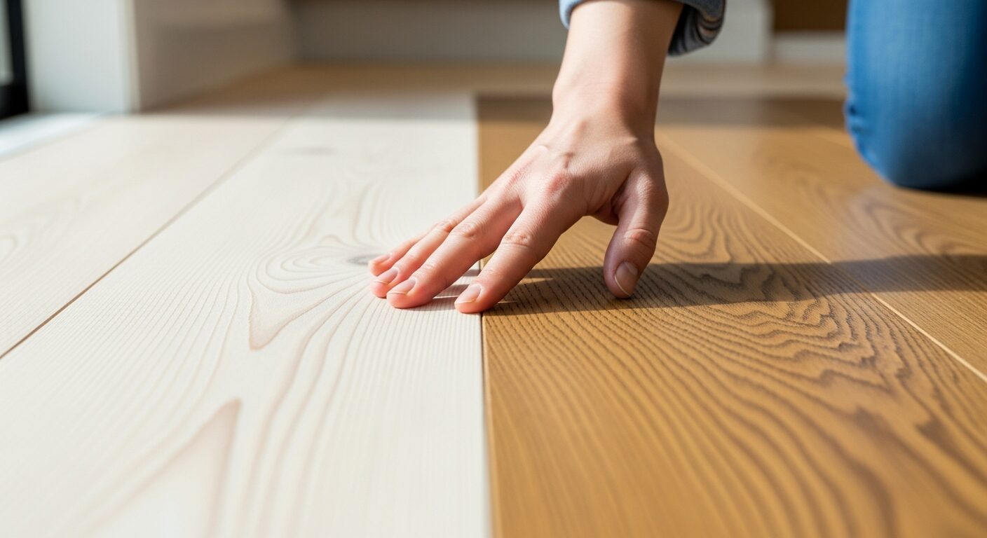 国産材と輸入材のフローリングの質感を、手で触れて比較検討している女性。木材選びの基本を知るための画像。