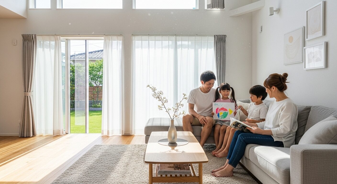 天井が高く開放的なリビングで、4人家族がソファでくつろいでいる様子。カーテンのかかった大きな引き違い窓からは、手入れされた庭が見える。家族の人数に合った快適な間取りのイメージ