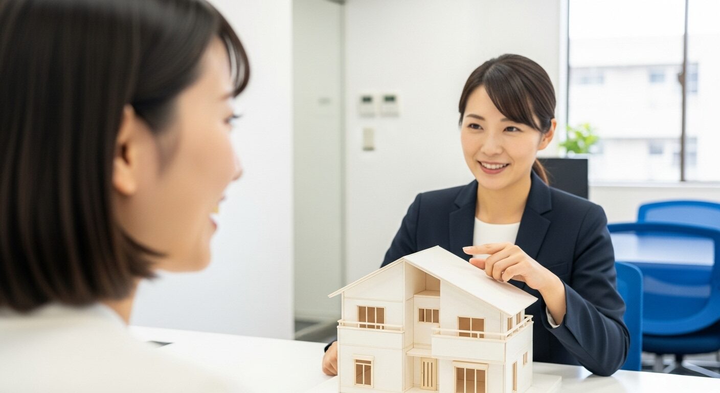 一般的な住宅模型を使い、専門アドバイザーからランニングコストについて説明を受け、納得して明るい笑顔を見せる日本人女性