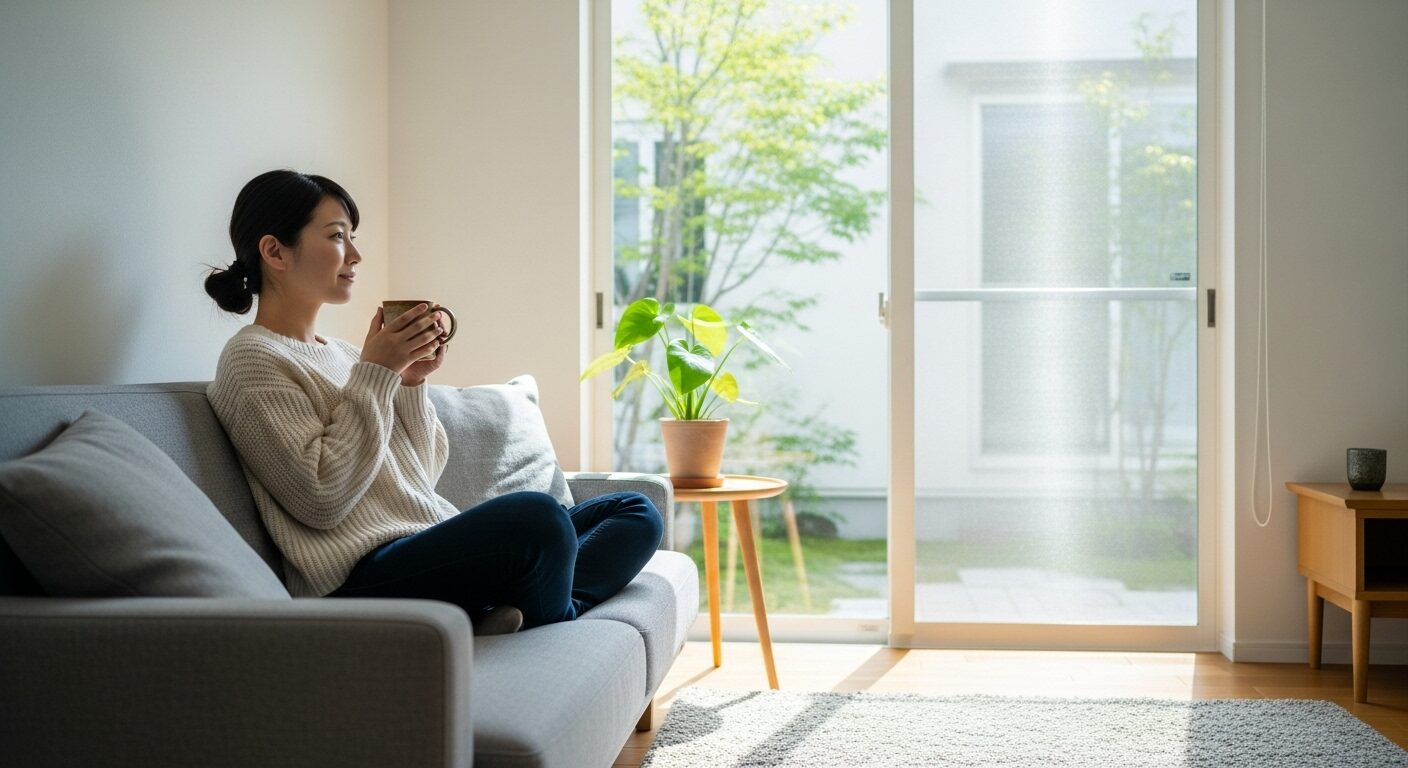 日当たりの良いリビングのソファに座り、マグカップを片手に窓の外を穏やかに眺める女性。新しい家での未来の暮らしや、後悔しない広さについて考えている様子