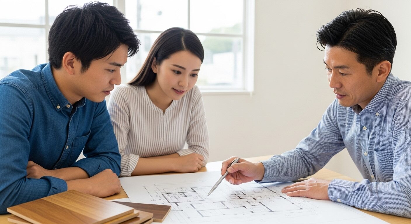 工務店で、建築家が指し示す設計図の一点に夫婦が集中して視線を送る打ち合わせ風景。信頼できる業者と後悔しない家づくりを進めている様子