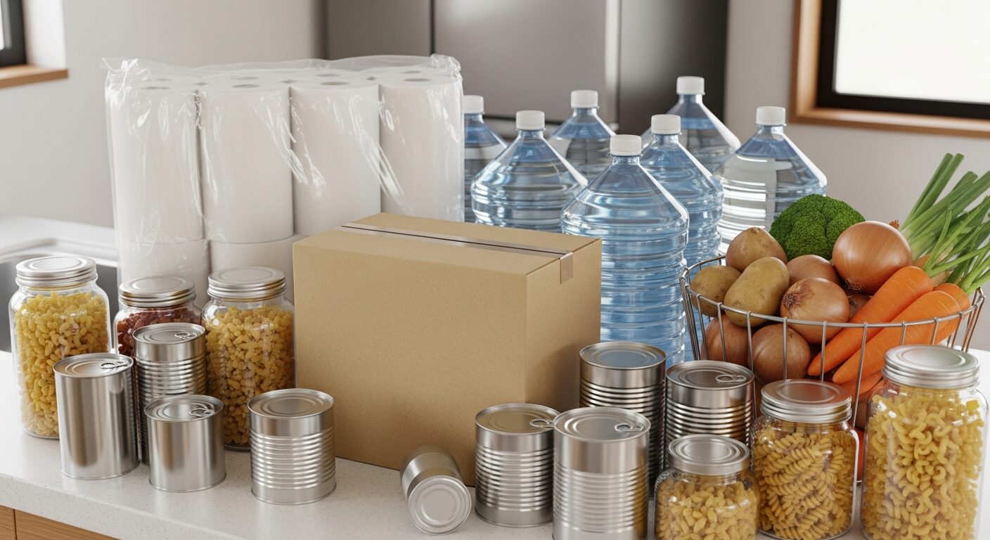 キッチンカウンターを埋め尽くすほど大量にまとめ買いされた、かさばるペーパー類や箱買いの飲料水、食材ストック