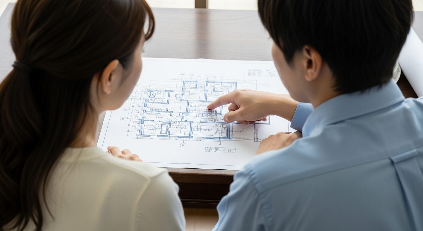 並んで座り、設計図面を見ながら地震対策について相談している夫婦の後ろ姿