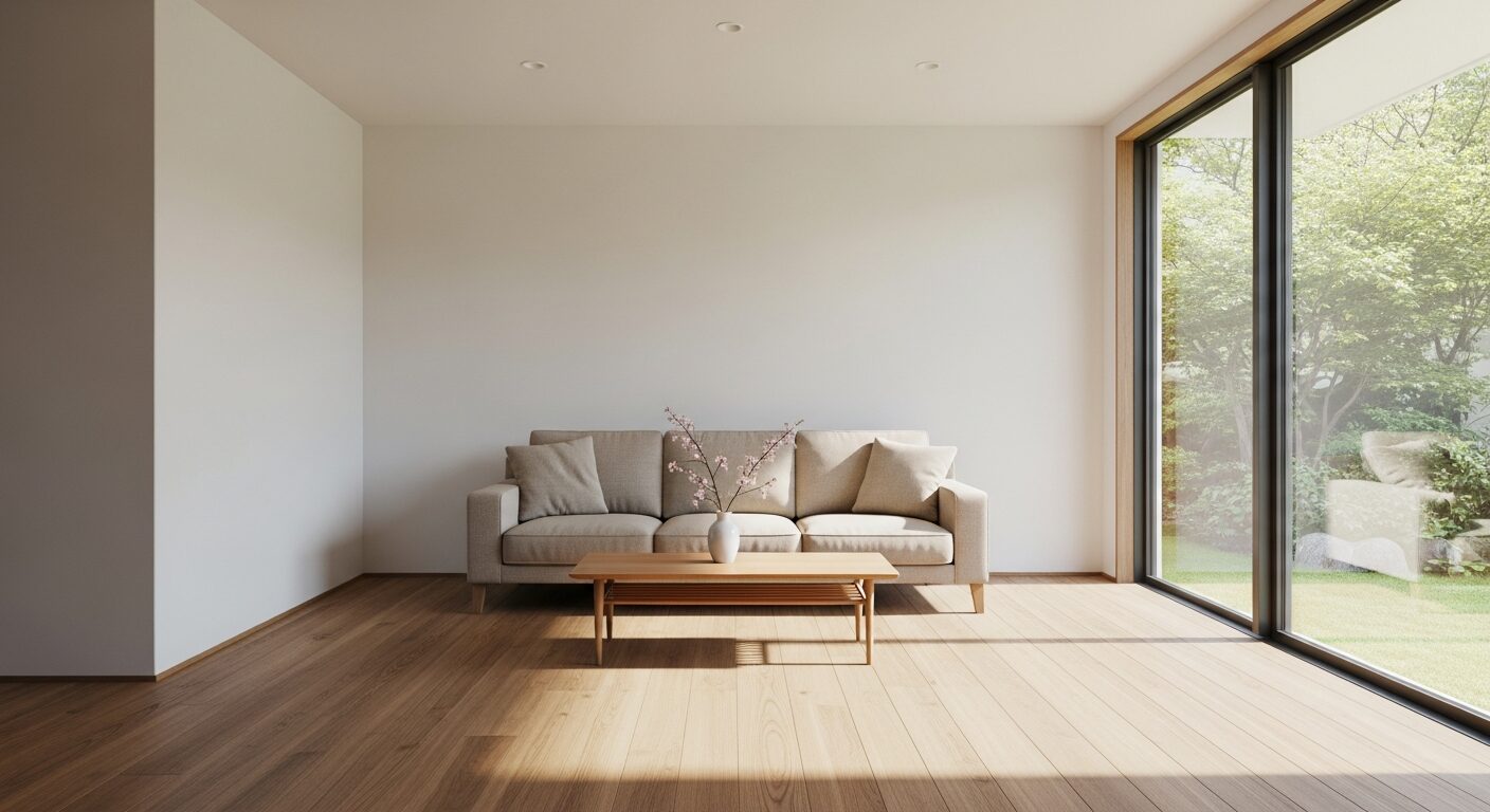 無垢材のフローリングと白い壁が明るい、通気性と断熱性に優れた快適なモダンリビングの内装