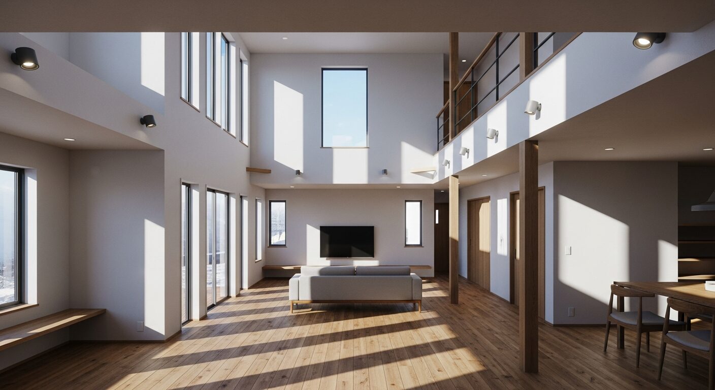 吹き抜けと大きな窓がある開放的なリビング。天井が高く広々としているが、少しガランとして寒そうな冬の室内の様子。