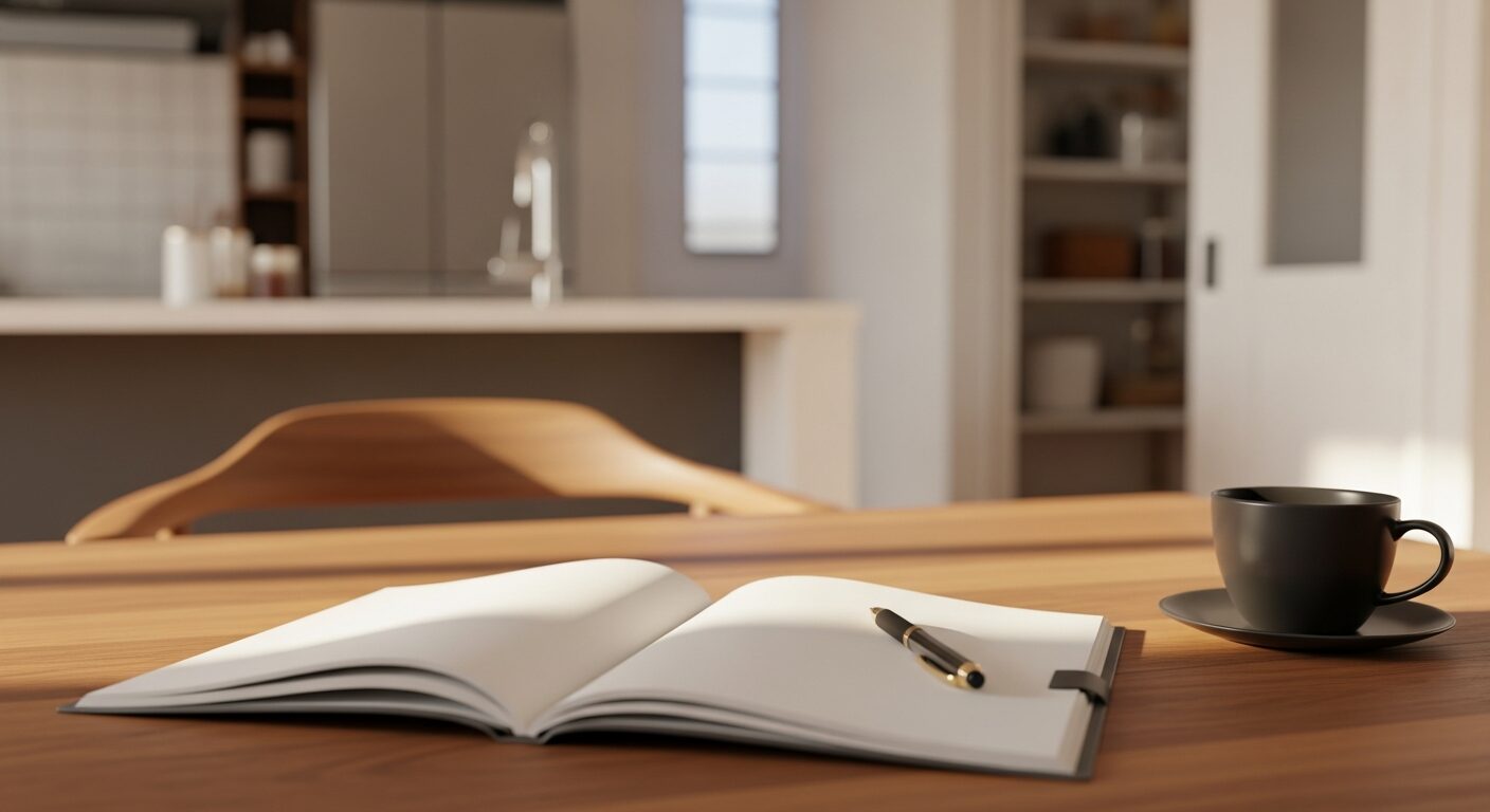 ダイニングテーブルでコーヒーを飲みながら理想の家づくりや間取りを計画しているイメージ、背景には整ったキッチン