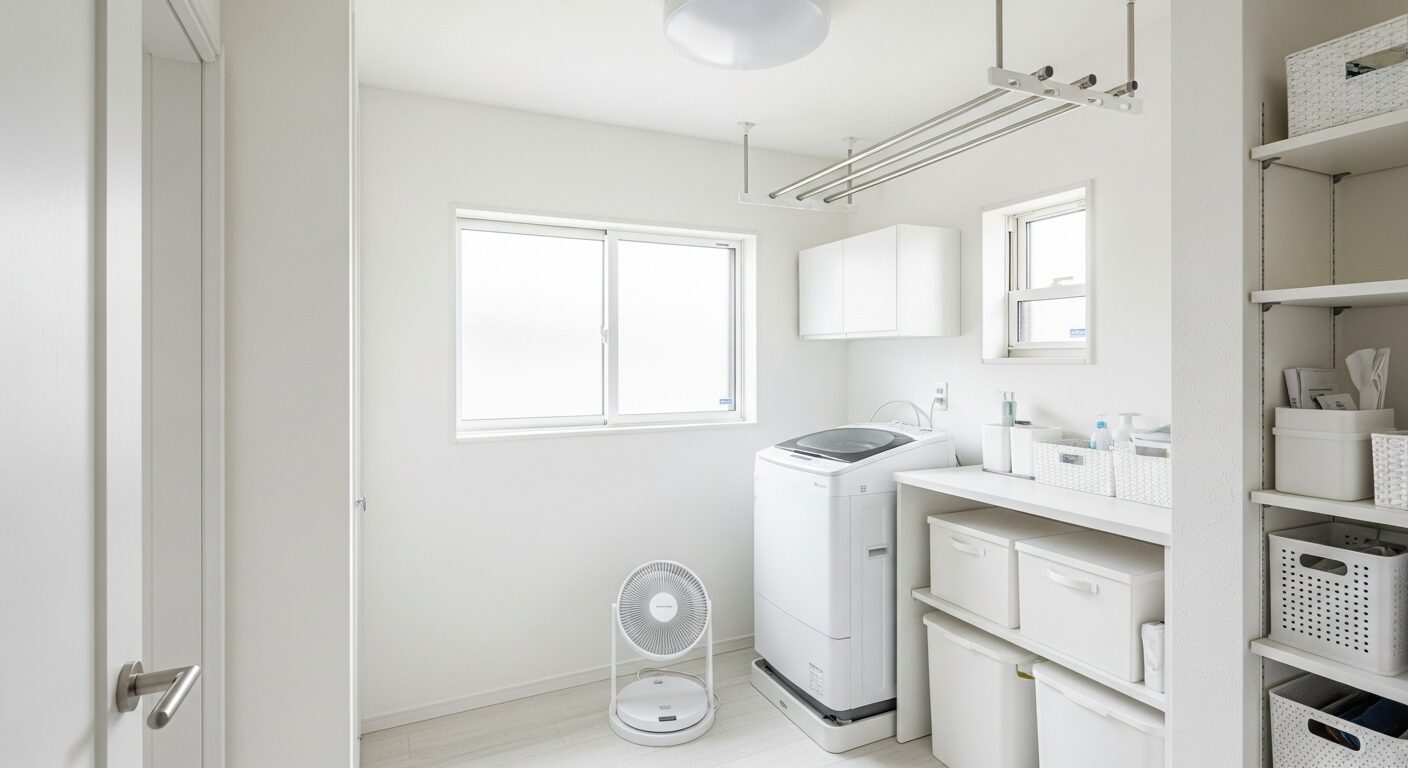 清潔感のある白を基調としたランドリールームと、湿気対策のためのサーキュレーター