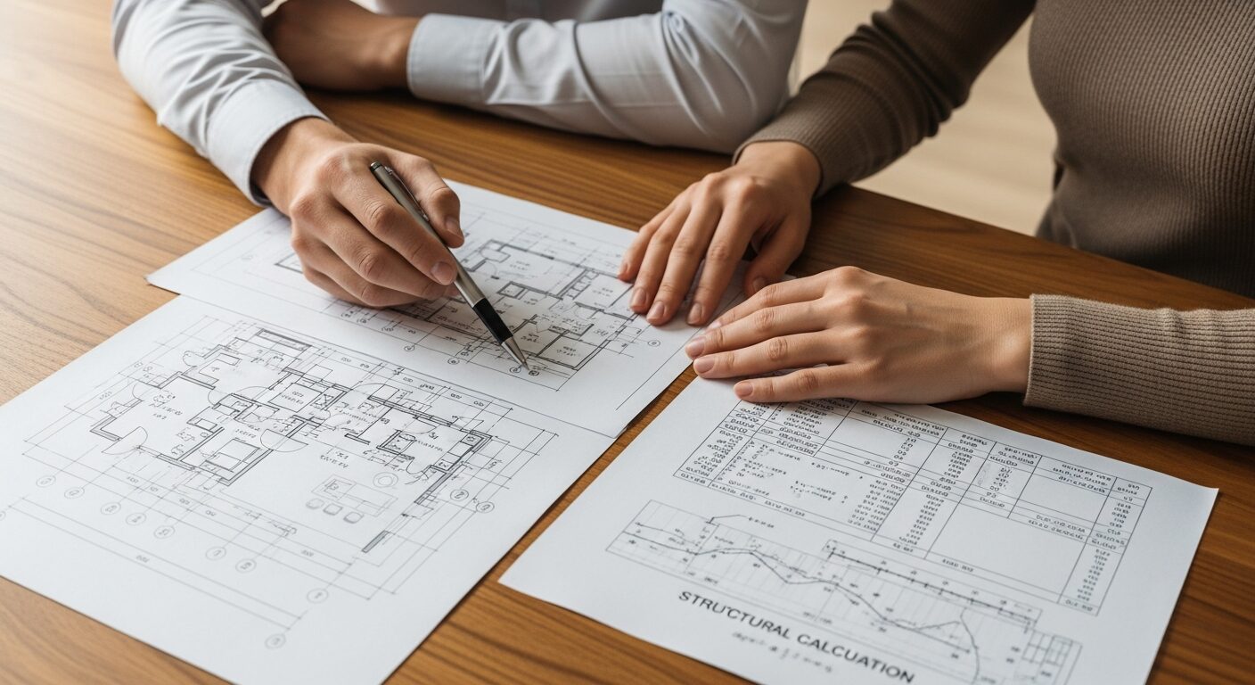 無垢材のテーブルで設計図を囲み、耐震等級や構造について話し合う若い夫婦と設計士の手元