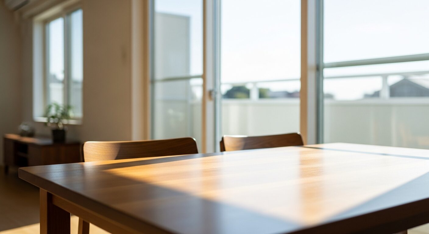 横長LDKの特徴である、大きな窓に面した明るいダイニングスペース。自然光をたっぷりと取り込める開放的な窓辺のインテリア実例。