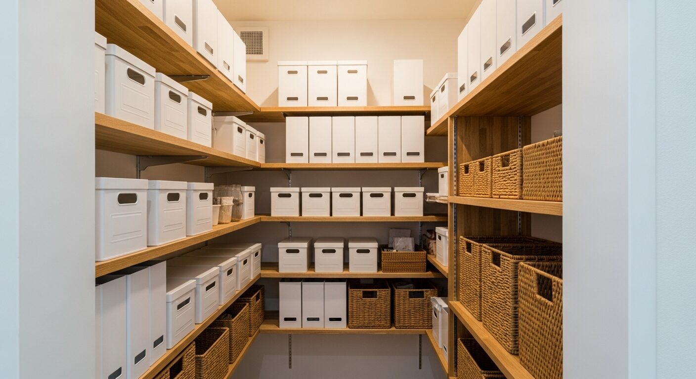 白い収納ボックスやカゴを使って生活感を隠し、美しく整理整頓された可動棚のあるパントリー内部