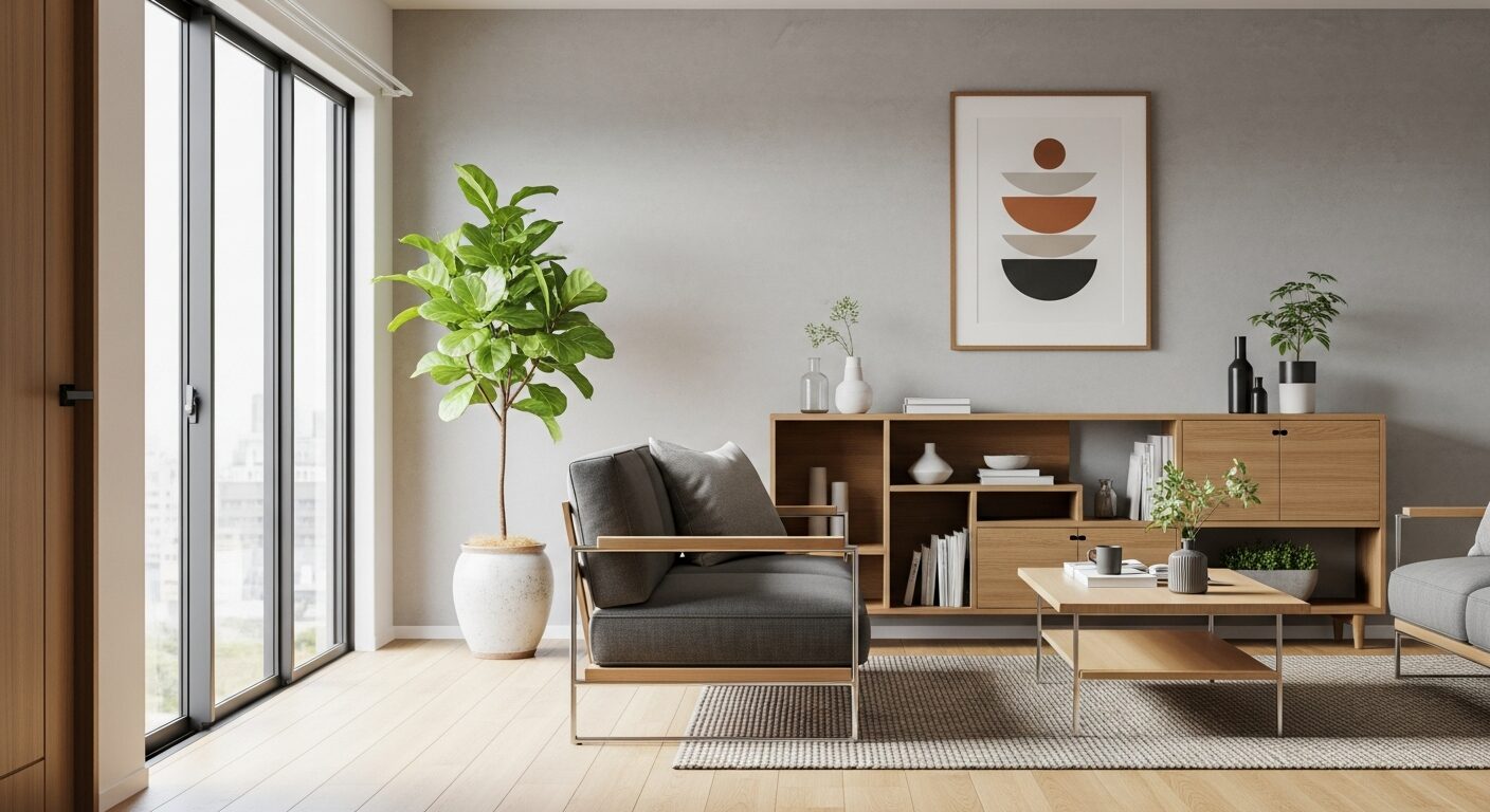 視線の抜けとフォーカルポイントを意識したリビング。アクセントウォールに飾られたアートと観葉植物が空間を引き締めるデザイン